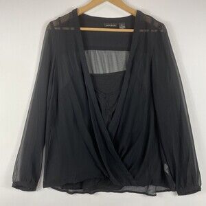 DKNY Jeans Black‎ Chiffon Sheer Wrap Plunge Front Top Shirt Blouse Womens Large